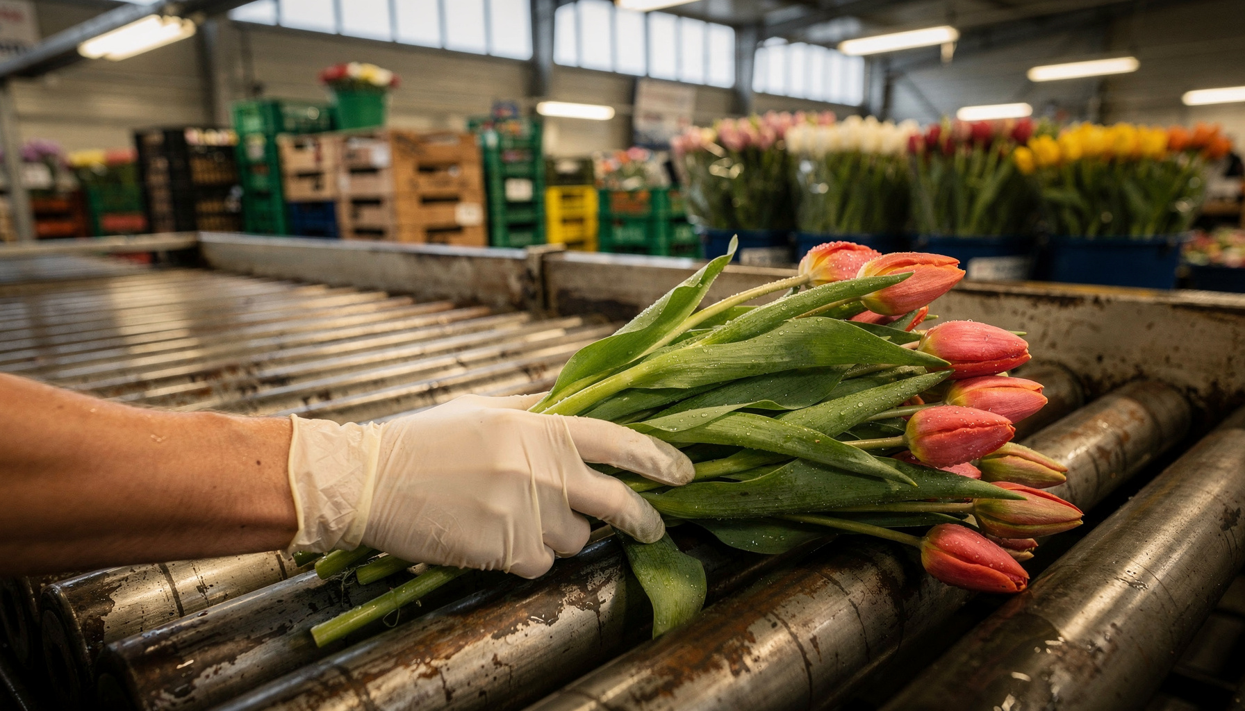 Close-up van tulpen op een rolbaan bij een bloemenveiling, met druppels water op de bloemblaadjes.