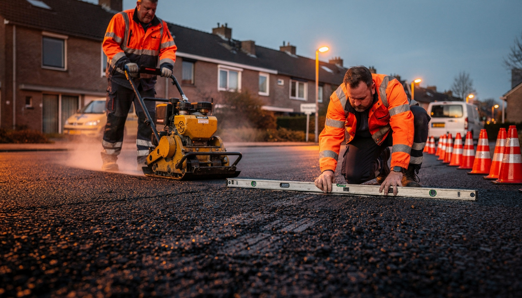 Wegwerkers verdichten 's avonds een nieuwe asfaltlaag met een trilplaat onder felle werklampen.