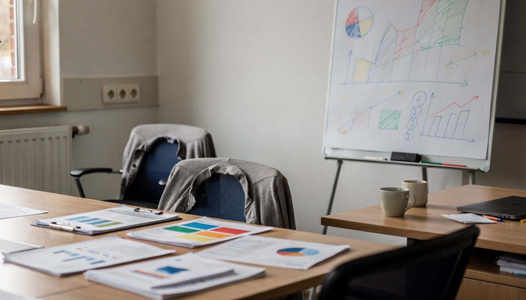Mkb-team bespreekt data-gedreven besluitvorming mkb invoering rond whiteboard met verkoopcijfers