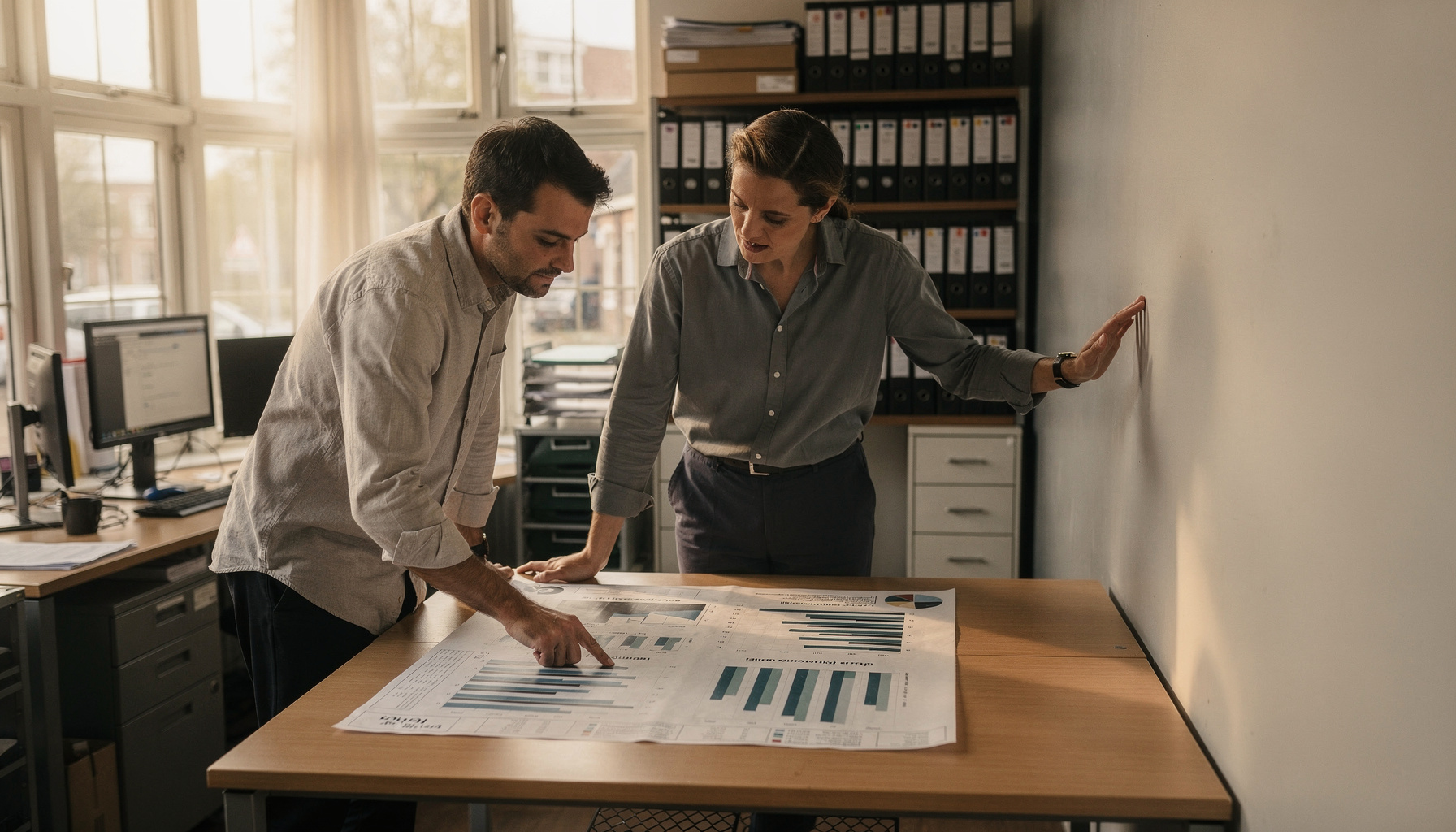 Twee collega's bespreken een maandrapportage op kantoor tijdens data-gedreven besluitvorming.