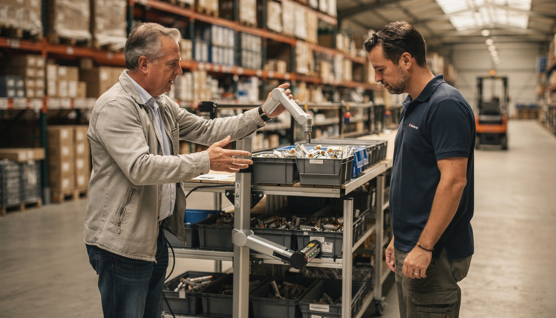 Twee medewerkers testen een nieuwe geautomatiseerde sorteerinstallatie naast de bestaande handmatige werkplek in het