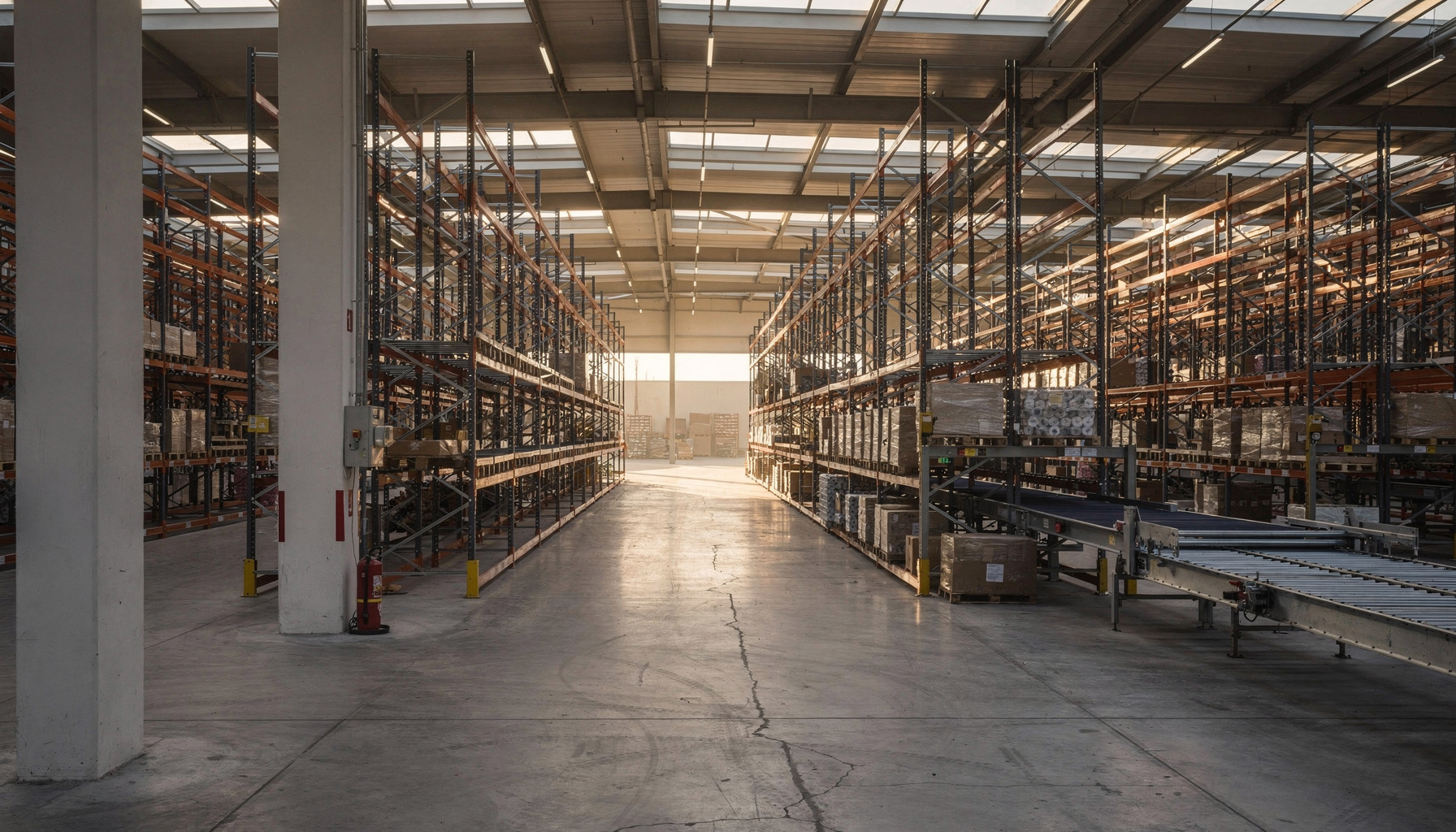 Lege stellinggangen en stevige fundering van een distributiecentrum bij ochtendlicht.