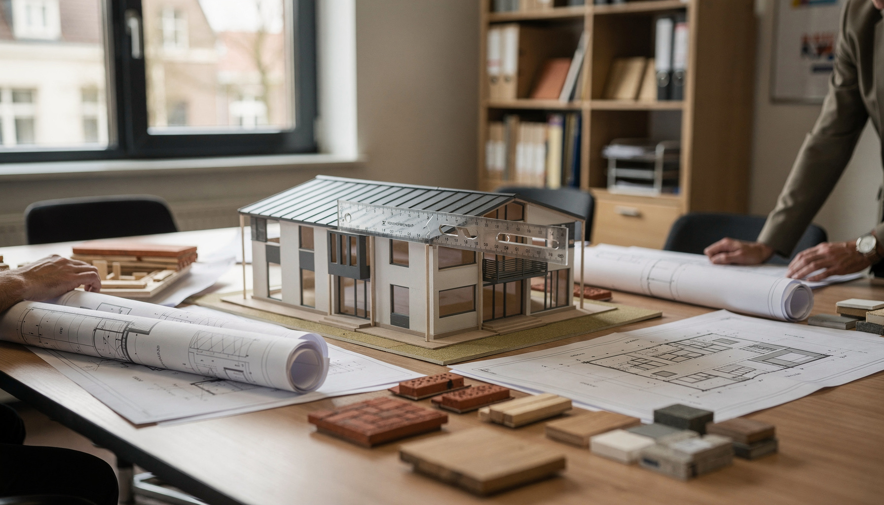 Een bouwmal die niet aansluit op een deel van een architectuurmodel op kantoor.
