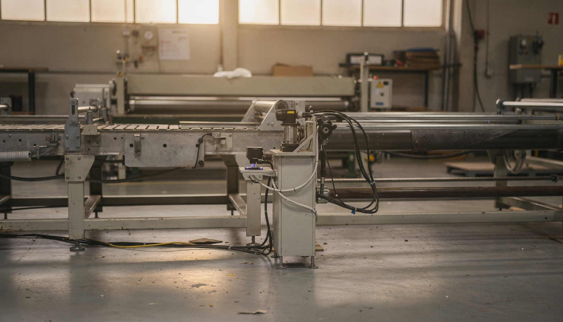Een compacte testopstelling met sensoren naast een bestaande sectie van de assemblagelijn in een fabriek.