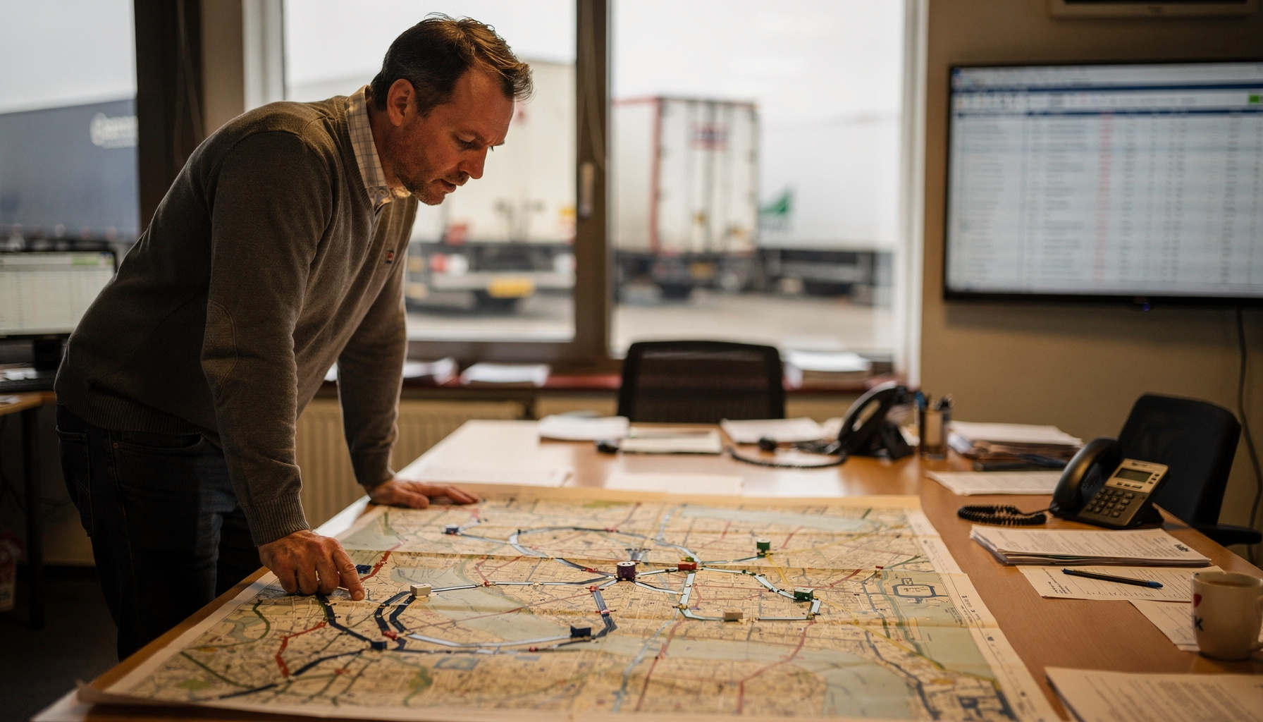 Een operationeel manager controleert op een kaart een routevoorstel dat niet logisch aansluit op de praktijk.