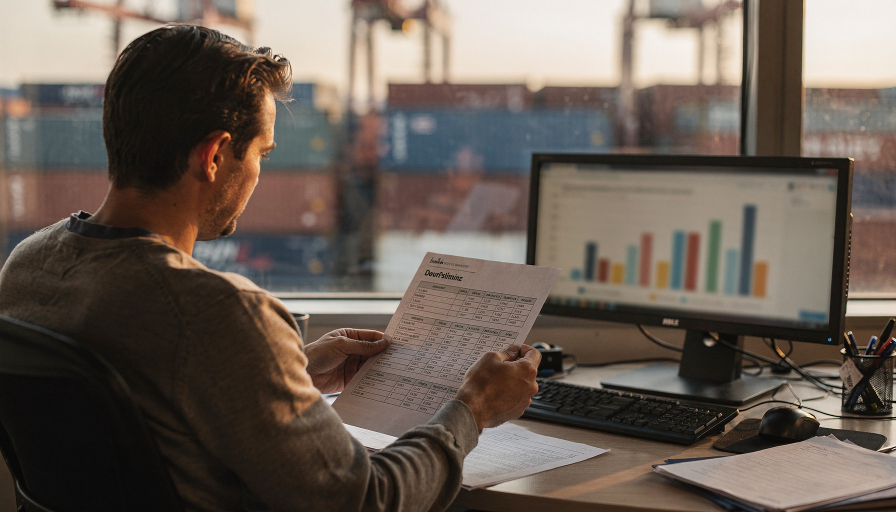 Medewerker controleert gegevensoverzicht naast een wazig scherm in een havenkantoor met uitzicht op containers.