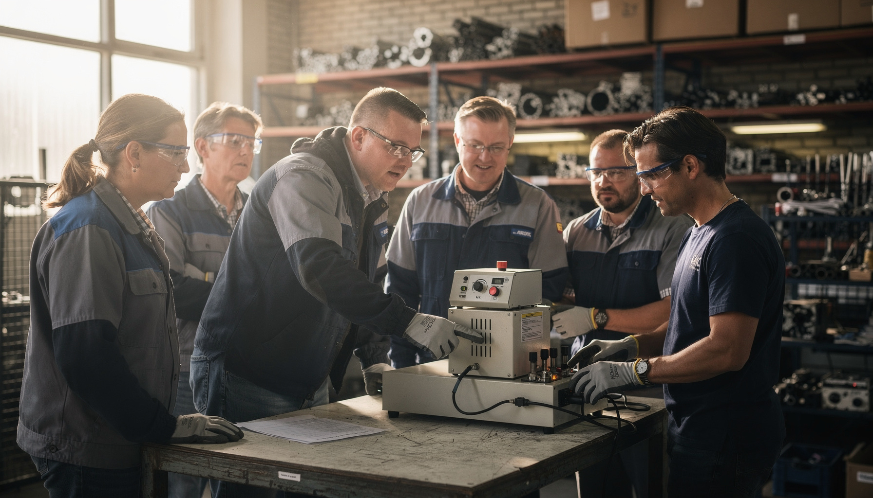 Medewerkers in een productiehal krijgen uitleg tijdens een training over werken met AI op de werkvloer.