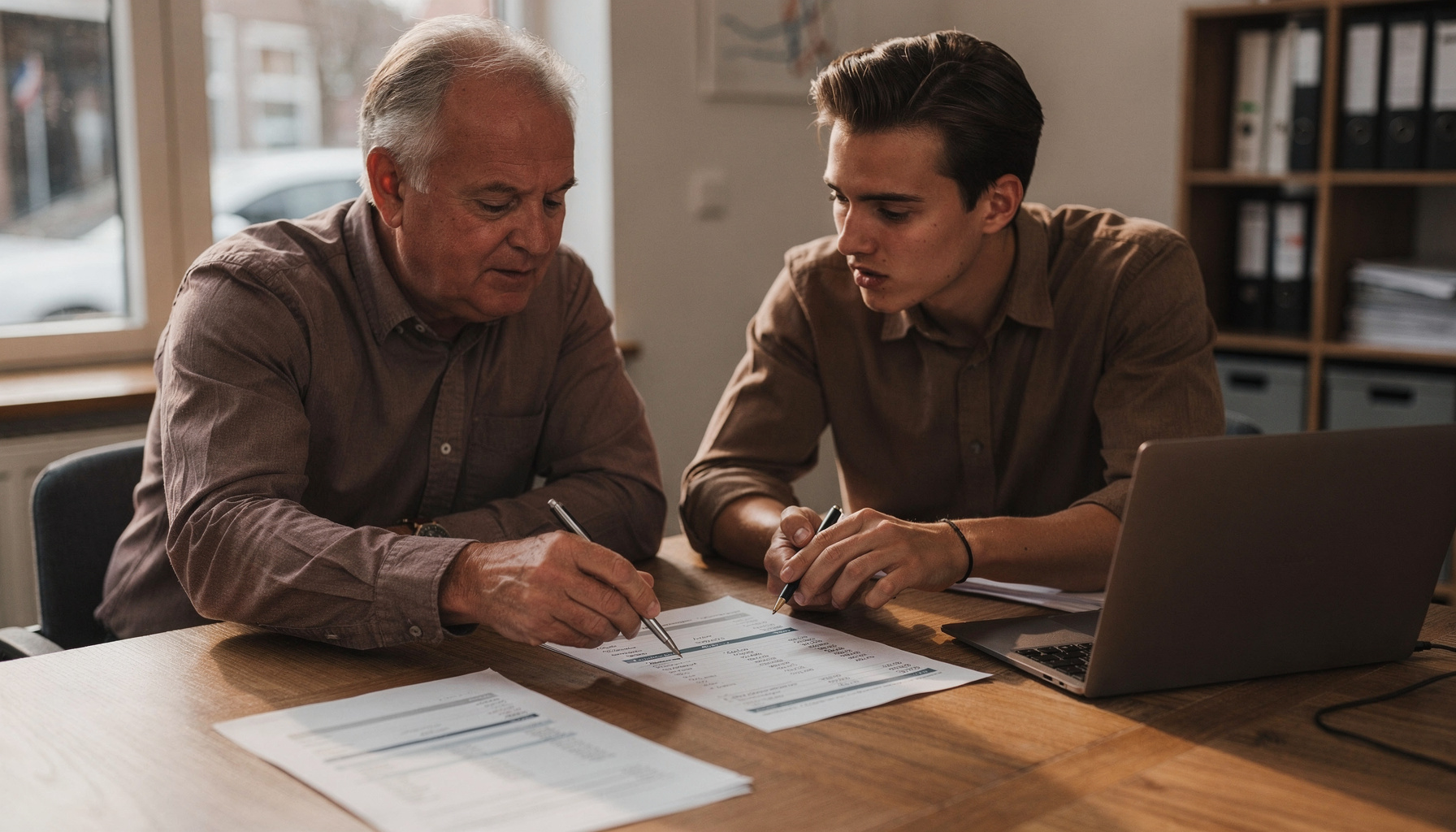 Twee accountants bespreken cijfers op een rapportage om beslissingen te onderbouwen met data.