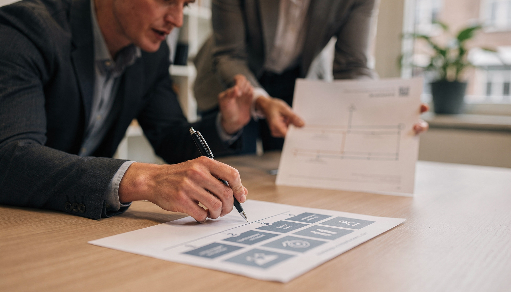 Twee collega's bij een recruitmentbureau bespreken een geprinte stappenplan voor een AI-roadmap.