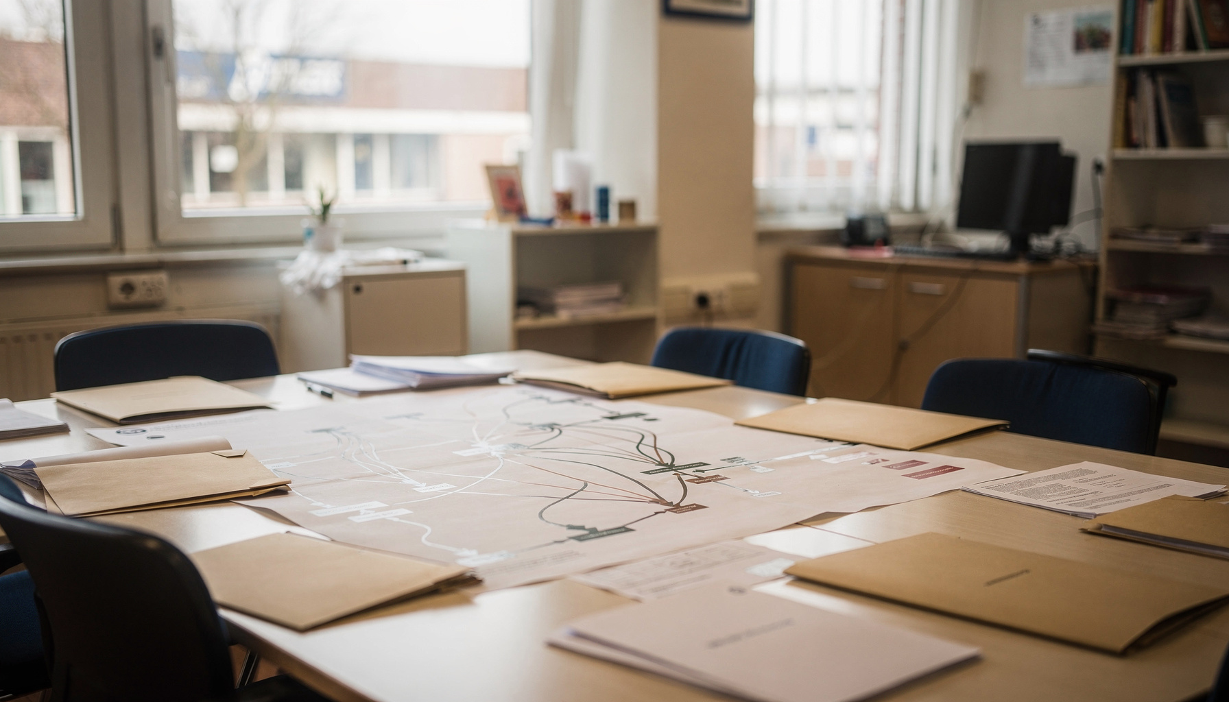 Een wirwar van lijnen op een kaart zonder duidelijk startpunt op een bureau in een ziekenhuis administratiekantoor.