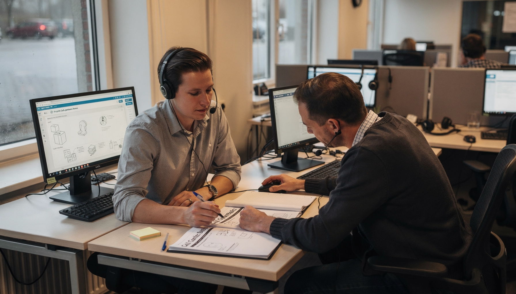 Een callcentermedewerker bestudeert een cursusboek over AI terwijl een collega meekijkt.