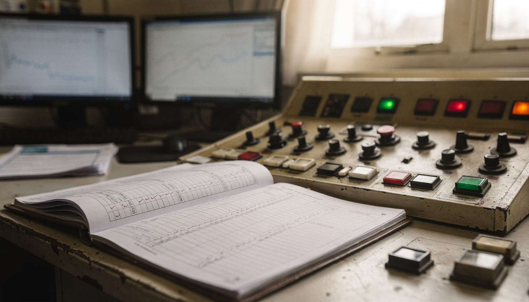 Een afvinklijst met terugkerende taken ligt op een bedieningstafel in een controlekamer.