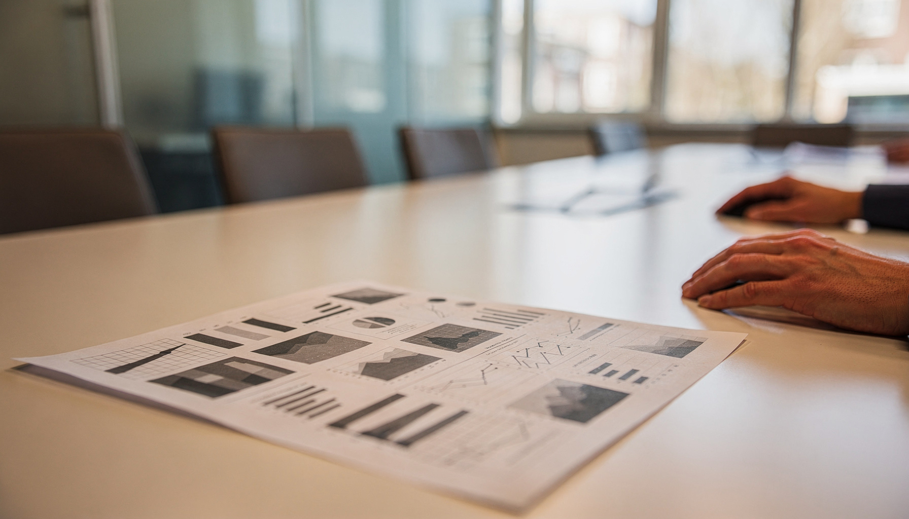 Een dashboardoverzicht met talloze gelijkwaardige grafiekjes zonder duidelijk gemarkeerd hoofddoel op een vergadertafel.