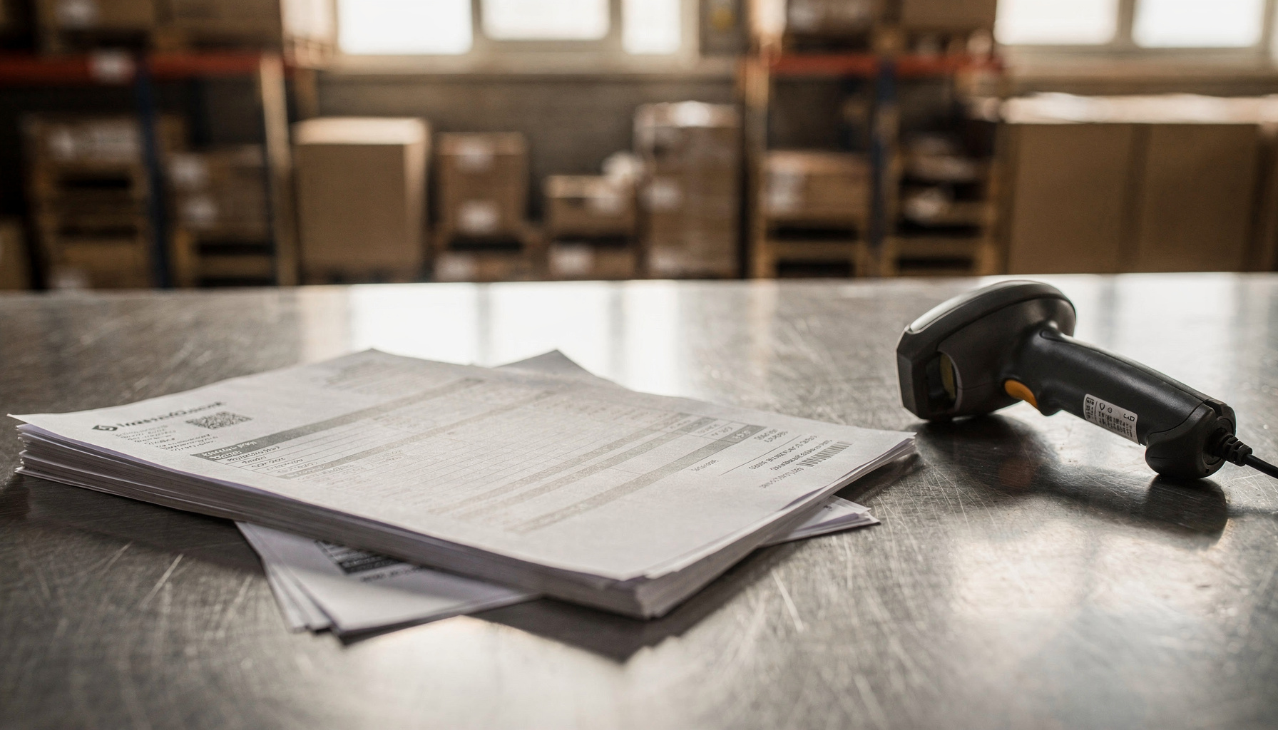 Stapel binnenkomende facturen op een werkbank in een distributiecentrum, klaar om verwerkt te worden.
