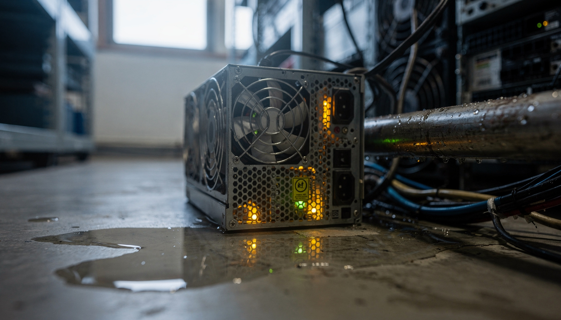 Condensdruppels op een koelbuis bij serverkasten laten de waterinzet voor koeling in een datacenter zien.