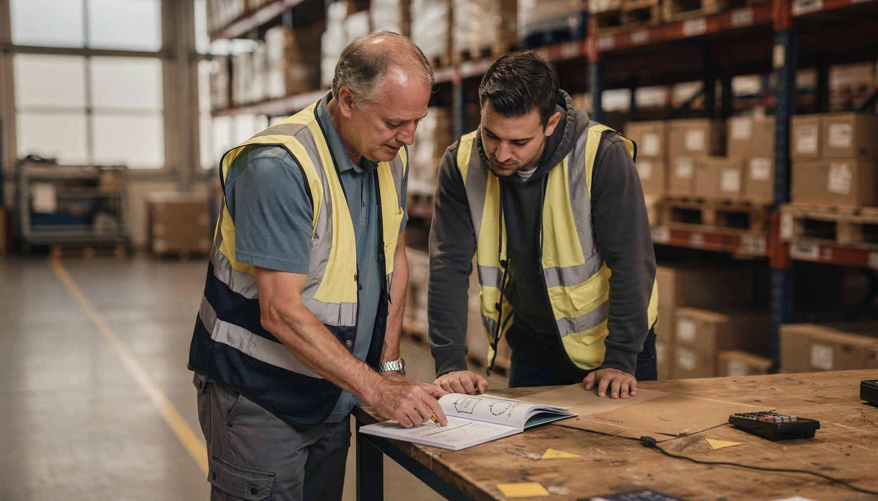Twee collega's bespreken een cursusboek over AI-basisbegrippen bij de stellingen in het distributiecentrum.