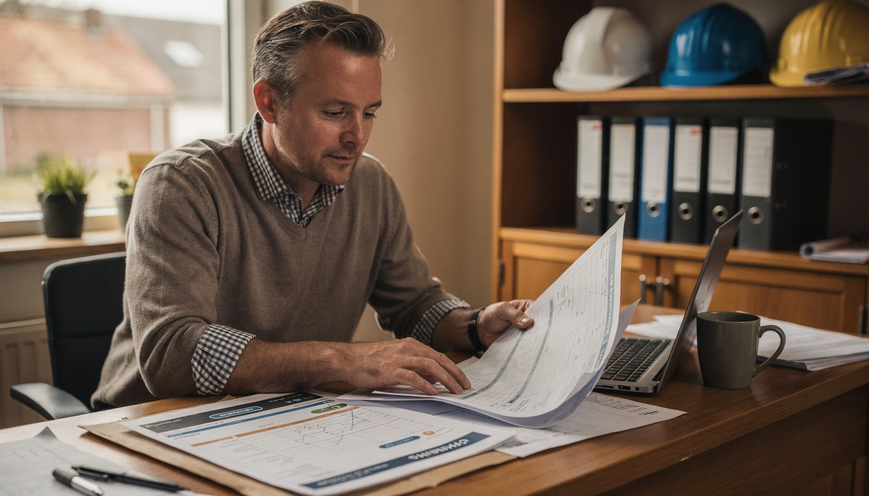 Een projectplanner vergelijkt op kantoor het nieuwe werkproces met het vertrouwde papieren formulier.