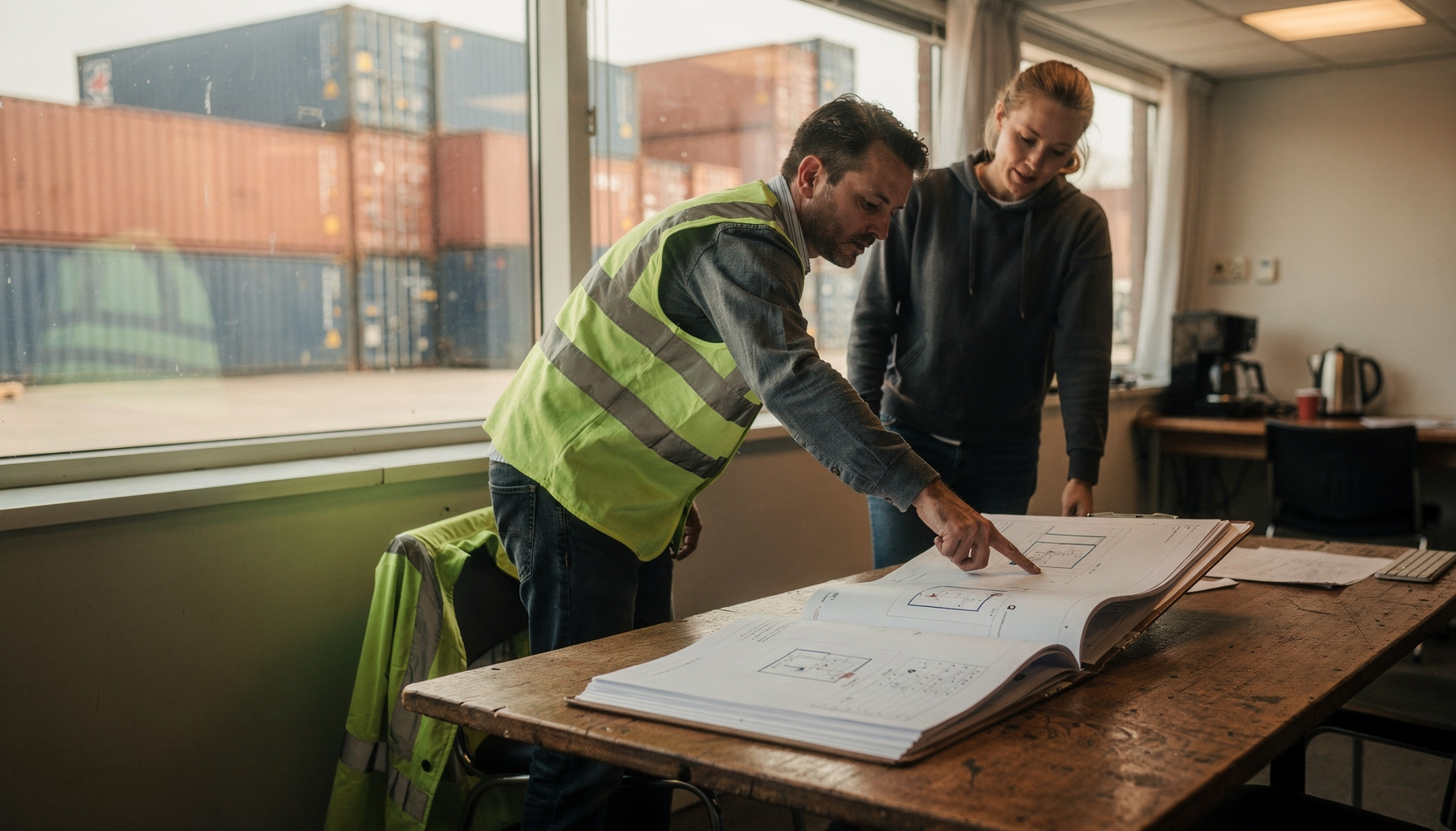 Twee havenmedewerkers bespreken samen een cursusboek met eenvoudige diagrammen over AI.
