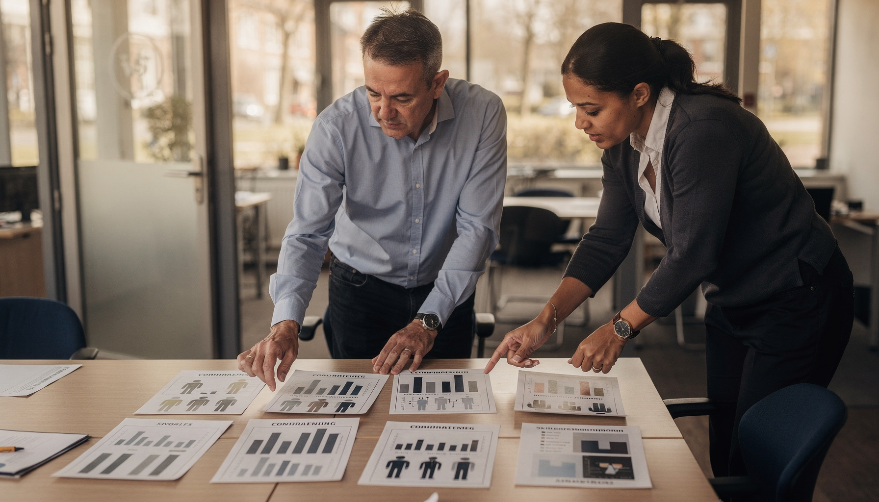 Twee collega's ordenen in een vergaderruimte overzichten van competenties per afdeling.