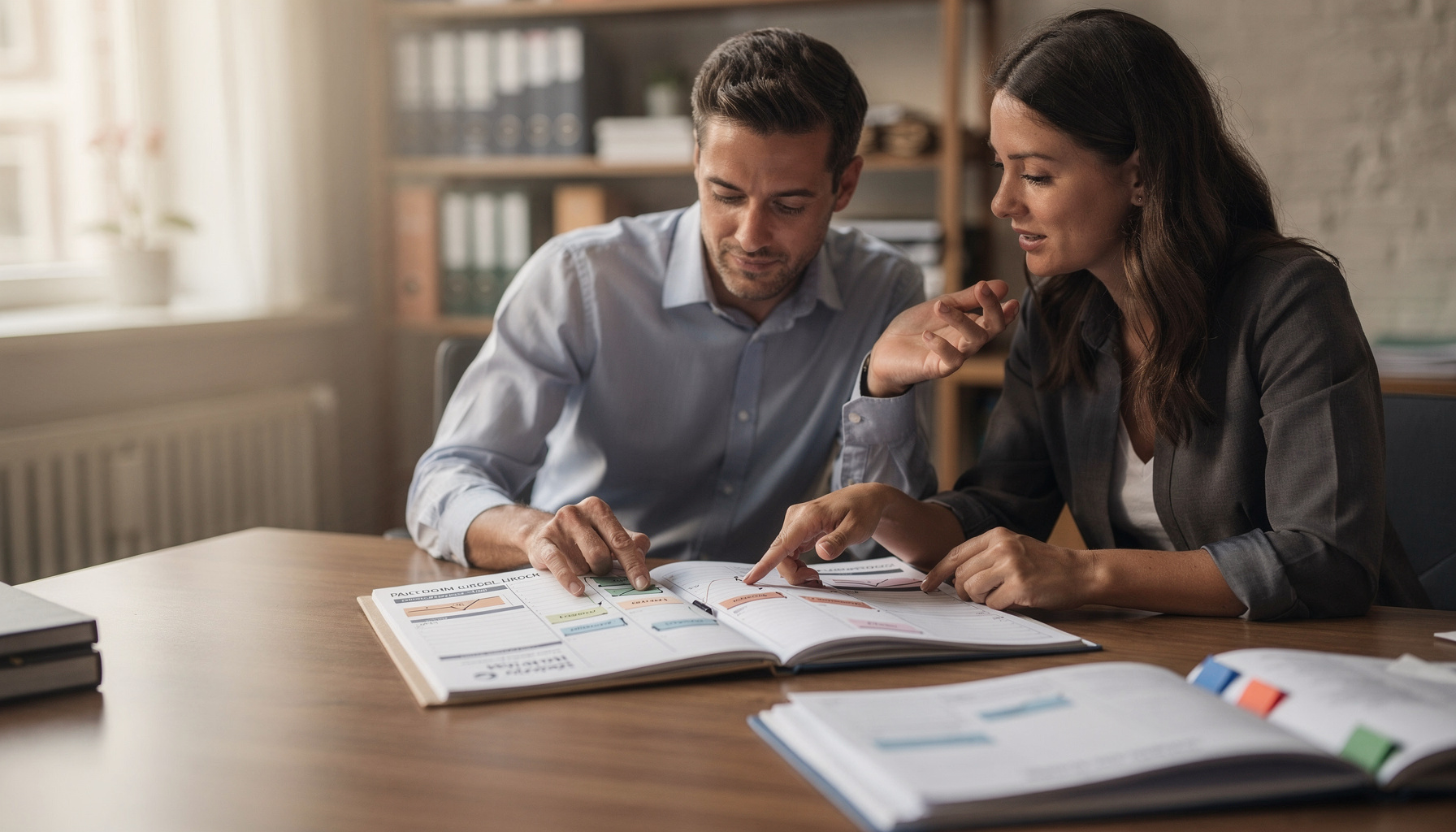 Recruitmentmedewerkers bespreken samen de opzet van een deeltijd AI-opleidingstraject op kantoor.