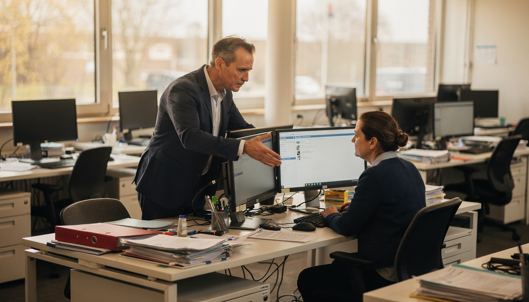 Twee medewerkers op een ziekenhuisadministratie bespreken een nieuwe werkwijze bij een kleine pilotgroep.