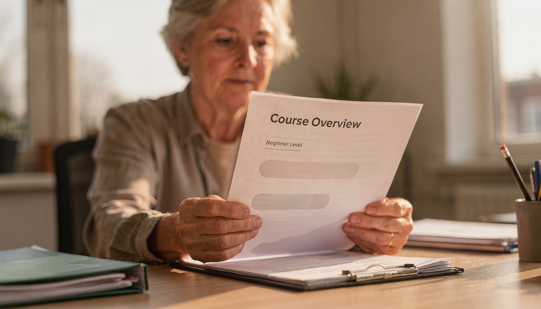 Een HR-medewerker vergelijkt op papier twee niveaus van een digitale cursus voor senioren.