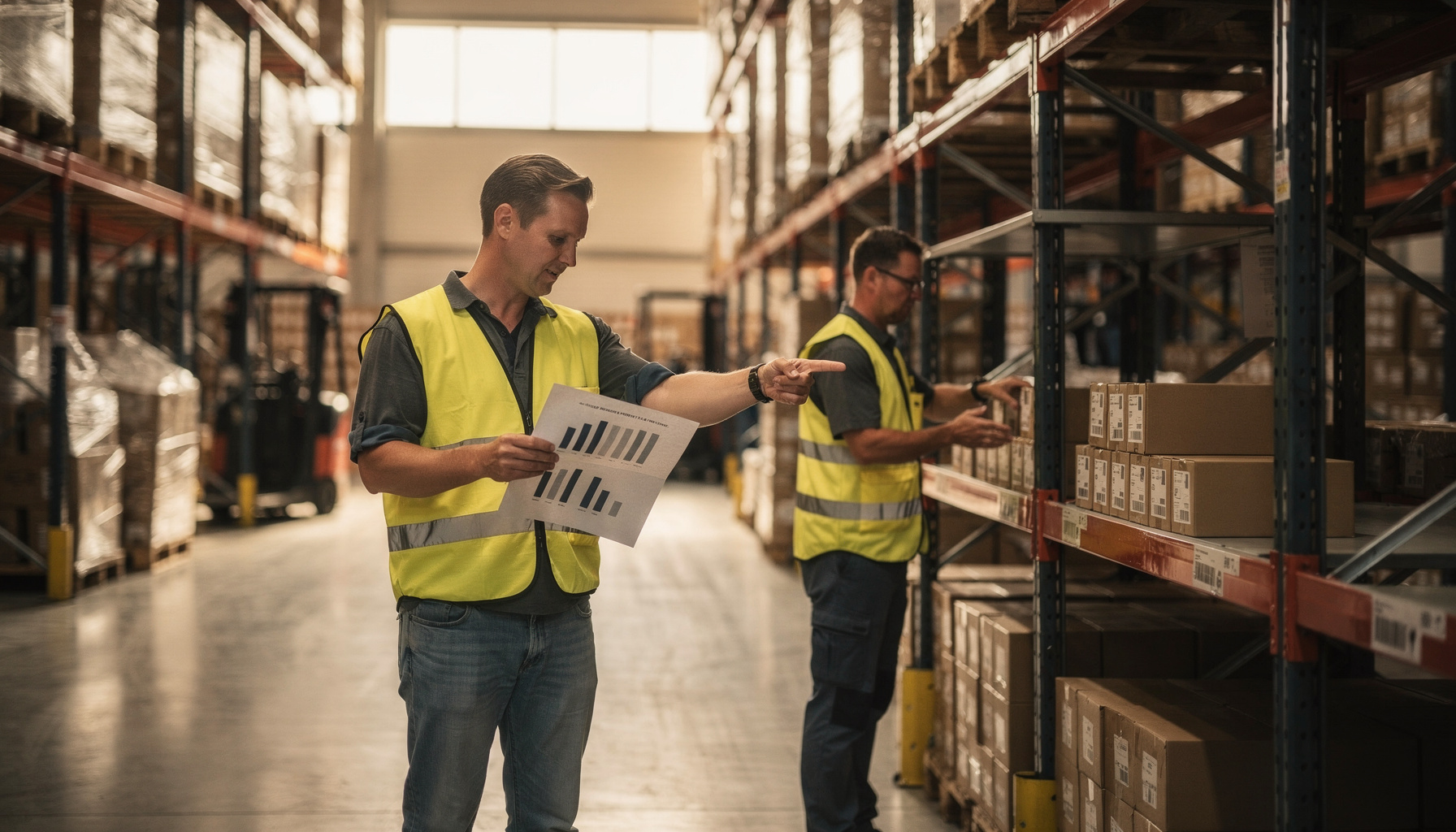 Twee magazijnmedewerkers vergelijken voorraadniveaus van snelle en trage producten in de stellingen.