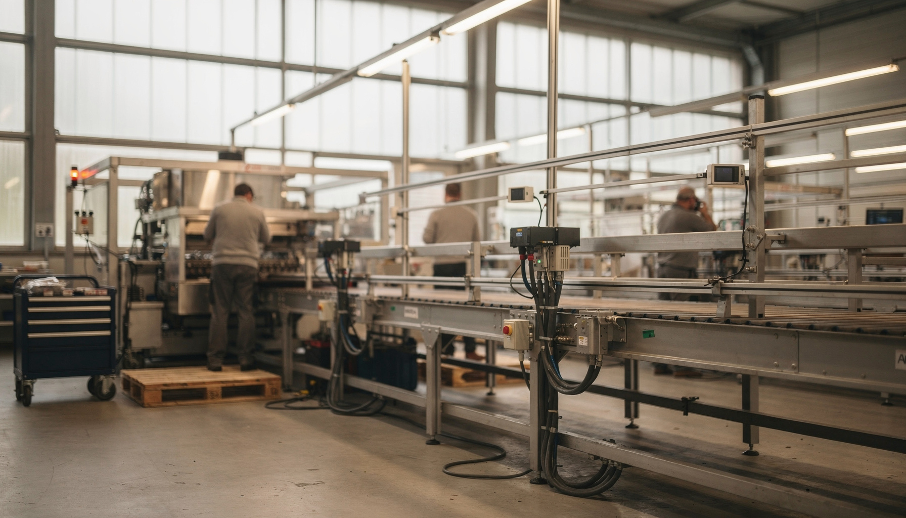 Sensoren langs een fabrieksassemblagelijn verzamelen productiedata als basis voor AI.
