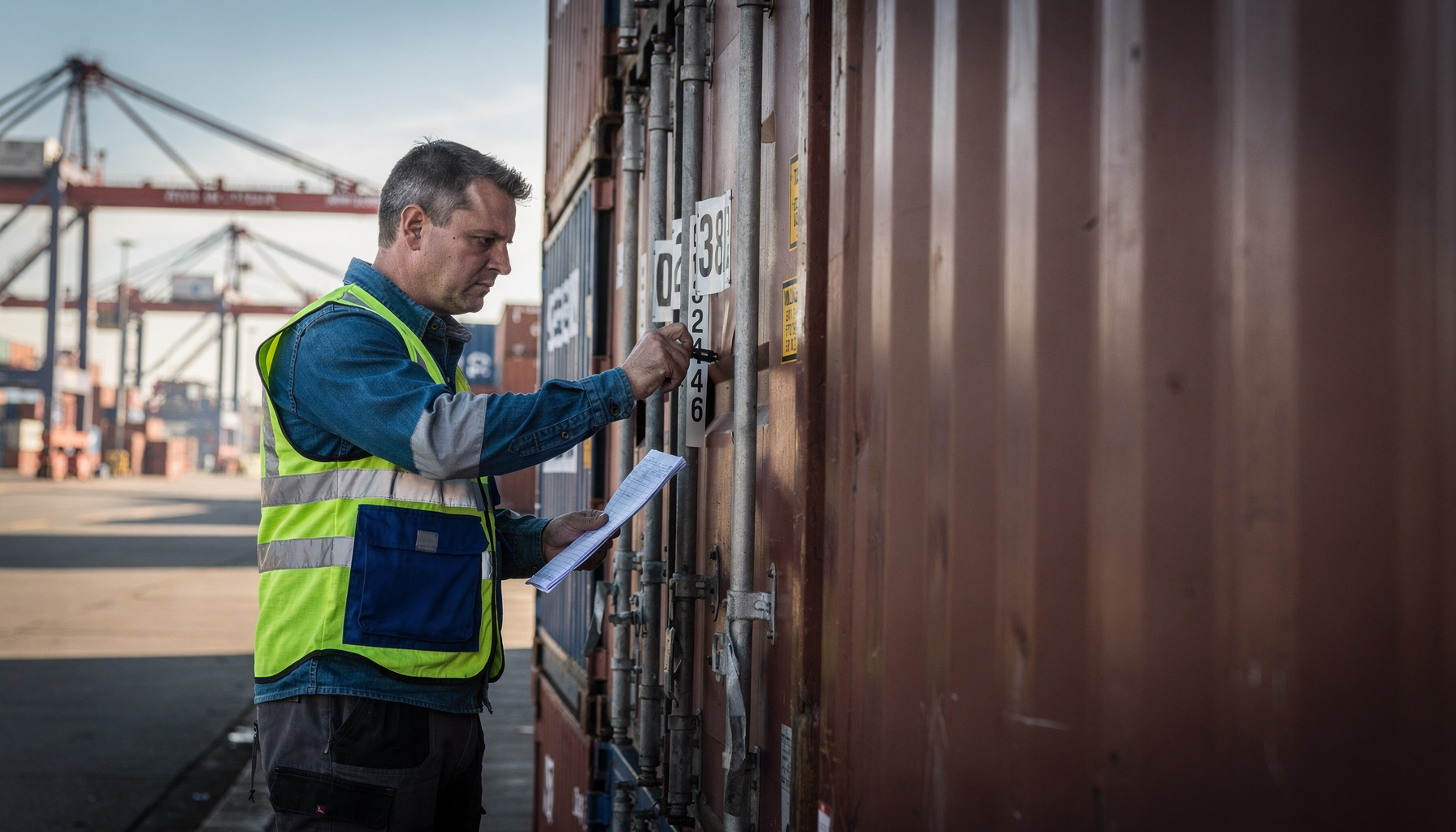 Havenmedewerker controleert het containernummer op een container aan de hand van een uitdraai.