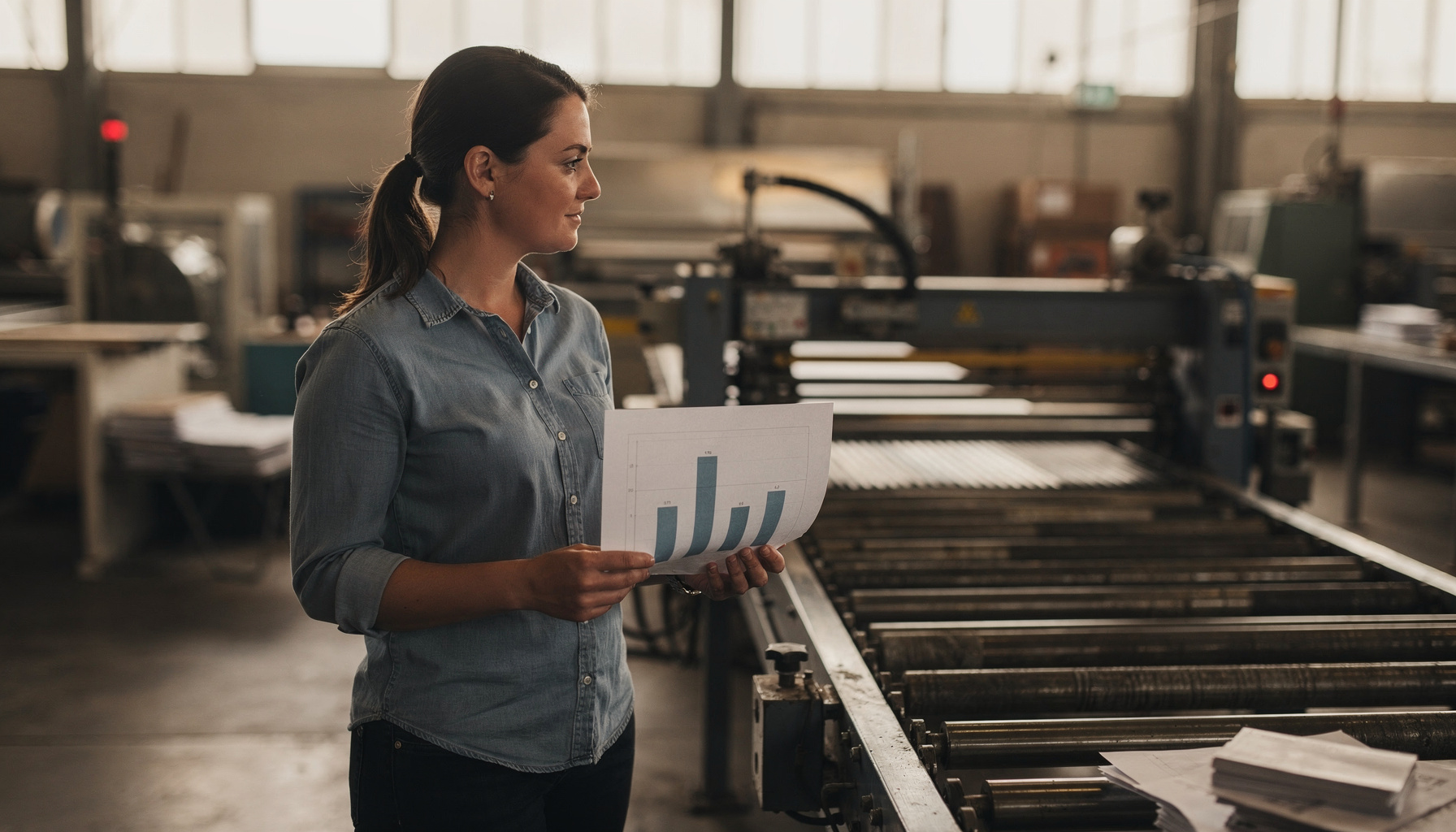 Medewerker vergelijkt een kosten-batenoverzicht met de werkelijke productielijn in de fabriekshal.