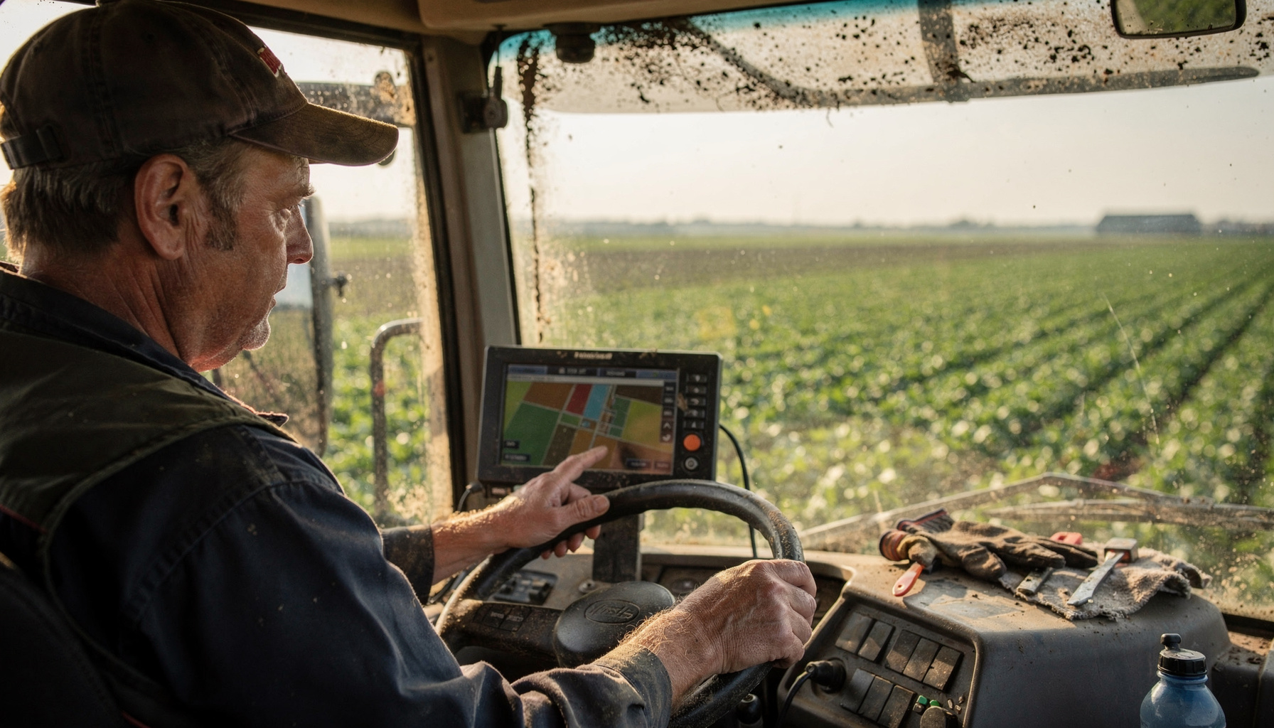 Boer in trekkercabine vergelijkt een kaart op het scherm met de werkelijke gewasstand in het veld.