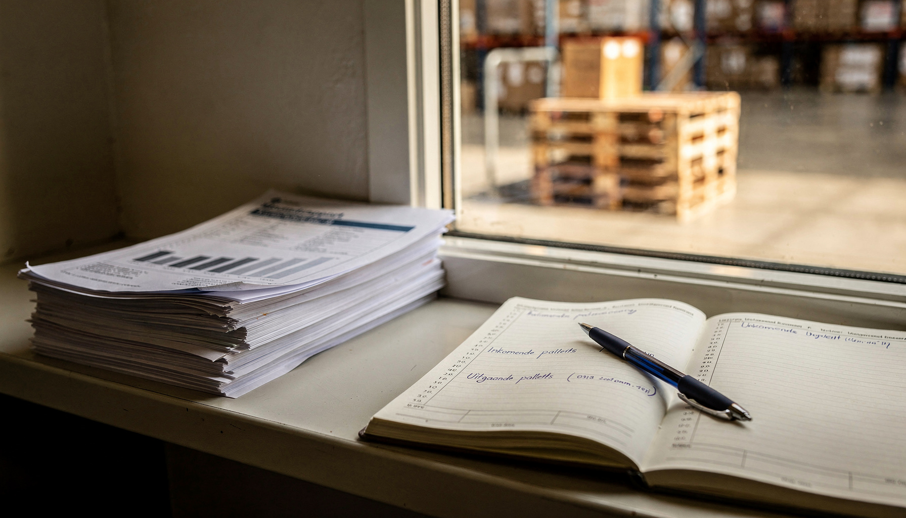 Een stapel afgewerkte rapportages naast een opengeslagen logboek in een distributiecentrum.
