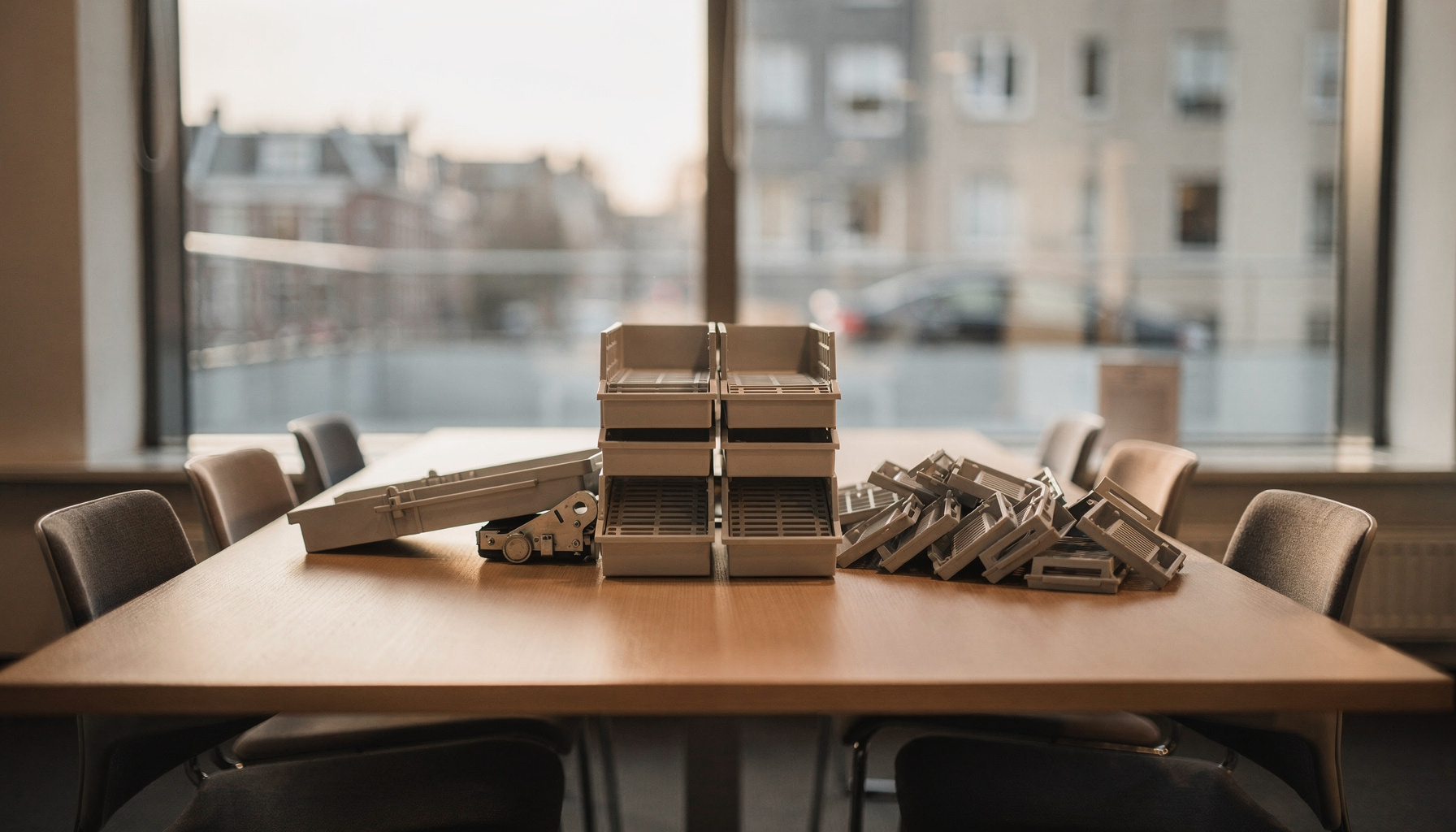 Een sorteersysteem met nette en rommelige bakjes toont het verschil tussen handmatig werk en AI automatisering processen.