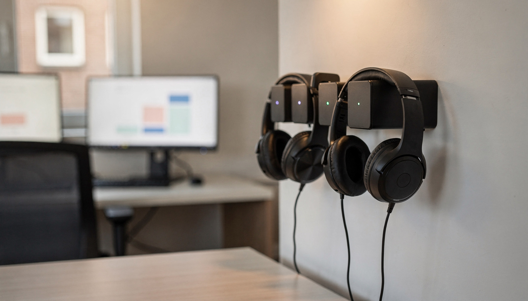 Een oplaadstation voor headsets in een callcenter met één lege houder tussen de gevulde plekken.