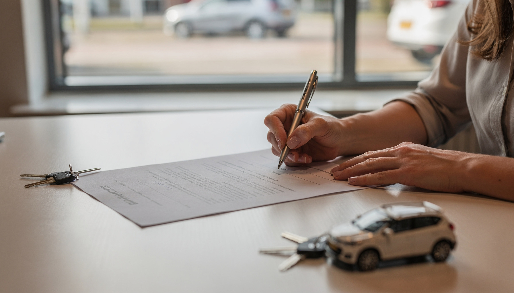 Close-up van autosleutels en een pen op een tafel terwijl een leasecontract wordt ondertekend