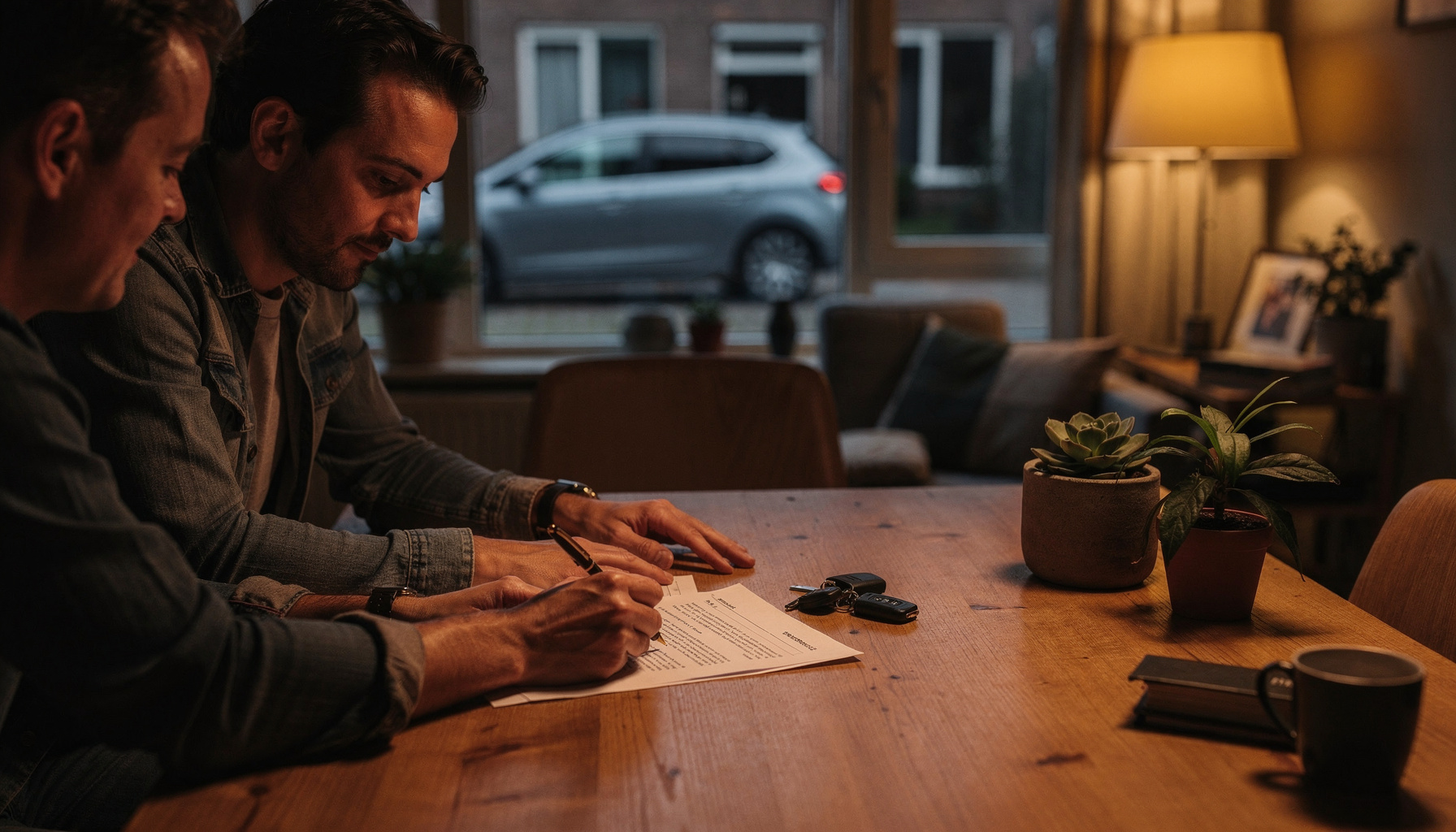 Een man ondertekent thuis een leasecontract terwijl zijn partner meekijkt aan de eettafel.