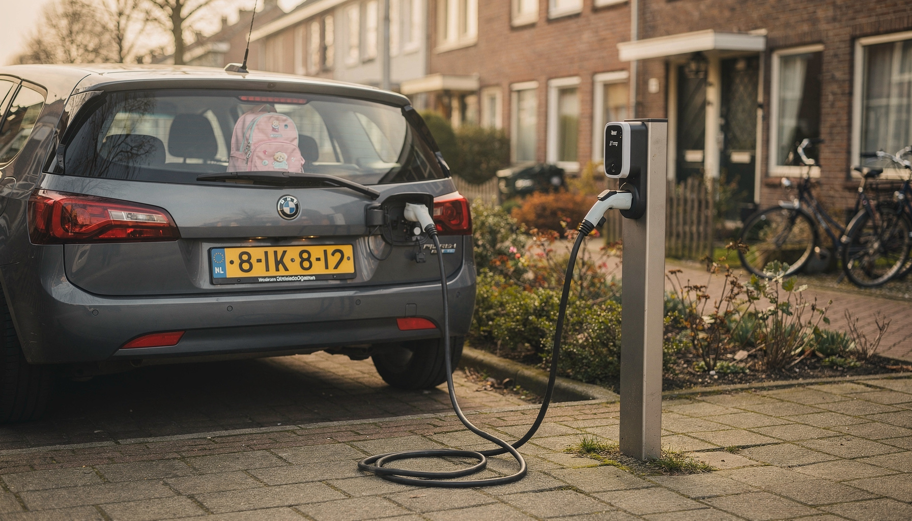 Elektrische hatchback aan de laadpaal in een rustige woonstraat, met laadkabel in het laadpunt en een kinderrugzakje op de