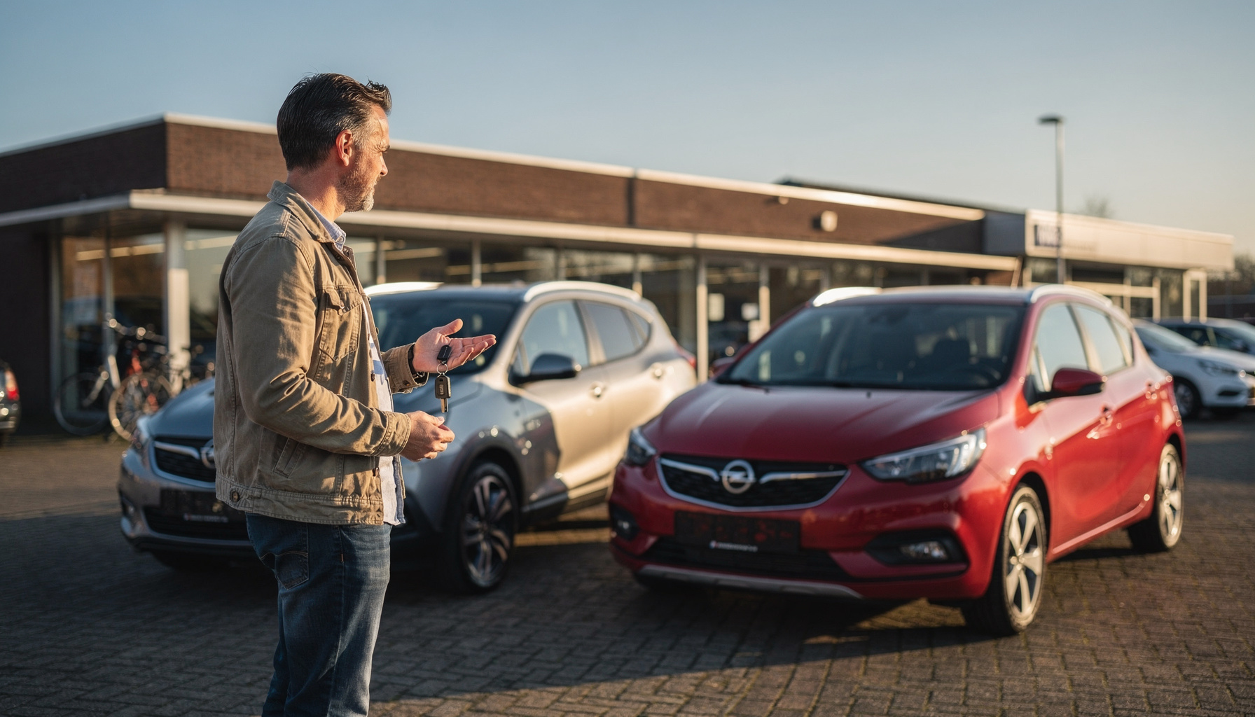 Een man staat op het dealerterrein bij twee verschillende auto's en kijkt welke hij zal meenemen.