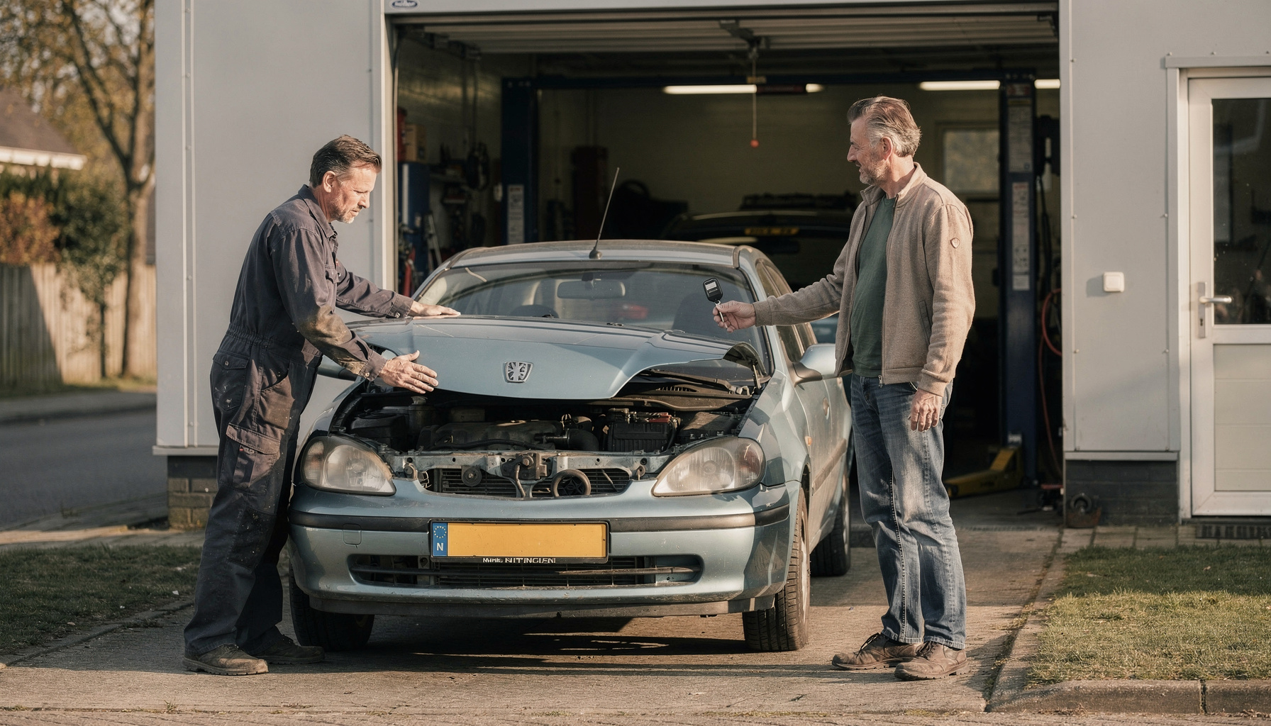 Een monteur overhandigt de sleutels van een onderhouden hatchback aan een man op het terrein van een Nederlandse garage.