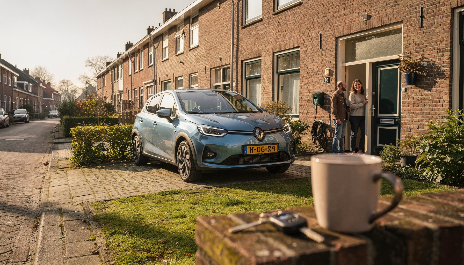 Betaalbare hatchback op de oprit van een rijtjeshuis in een rustige Nederlandse woonstraat op een zonnige ochtend